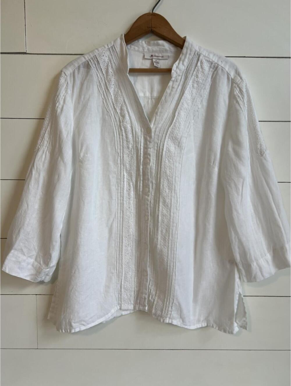 JM Collection 100% Linen Button Down Shirt Women's Size 14 White Embroidered